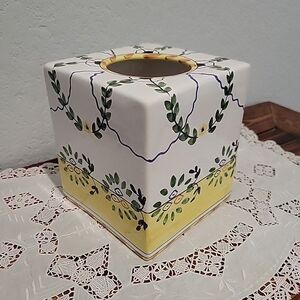Portuguese Floral Ceramic Tissue Box Cover Hand Painted Porcelain Bath Signed #